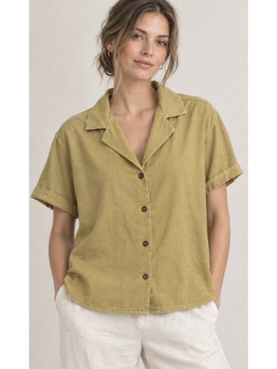 Anián Tops - ANIAN Oxford Camp Collar Shirt Mustard Small Boxy Cropped Woven Casual Cotton
